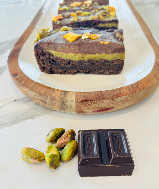 gluten free and vegan choc orange pistachio brownie slice made in New Zealand