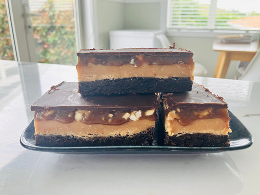 gluten free and vegan chocolate caramel cashew slice made in New Zealand